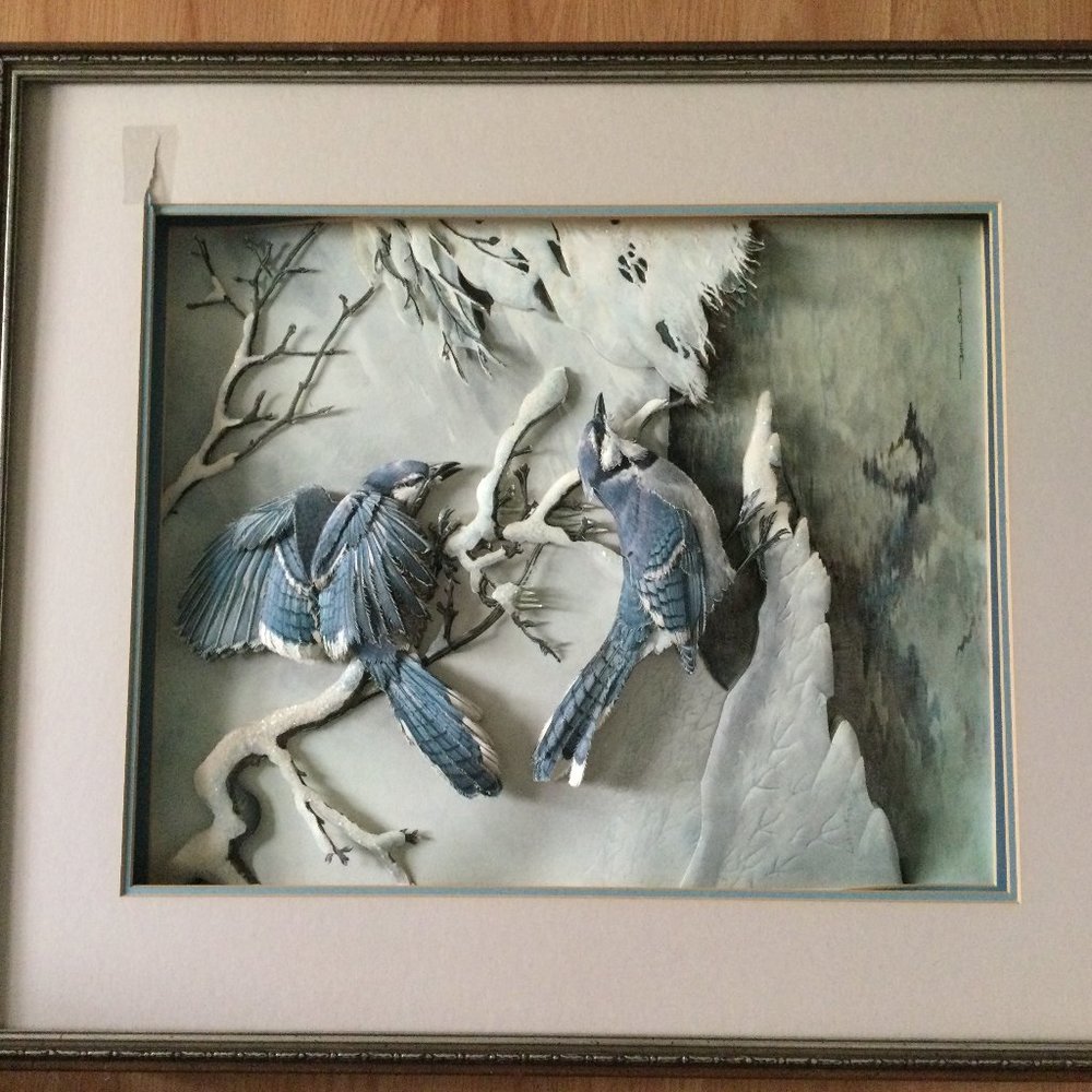 Vintage 3D paper art Decoupage Basil Edie framed home decor blue birds damaged